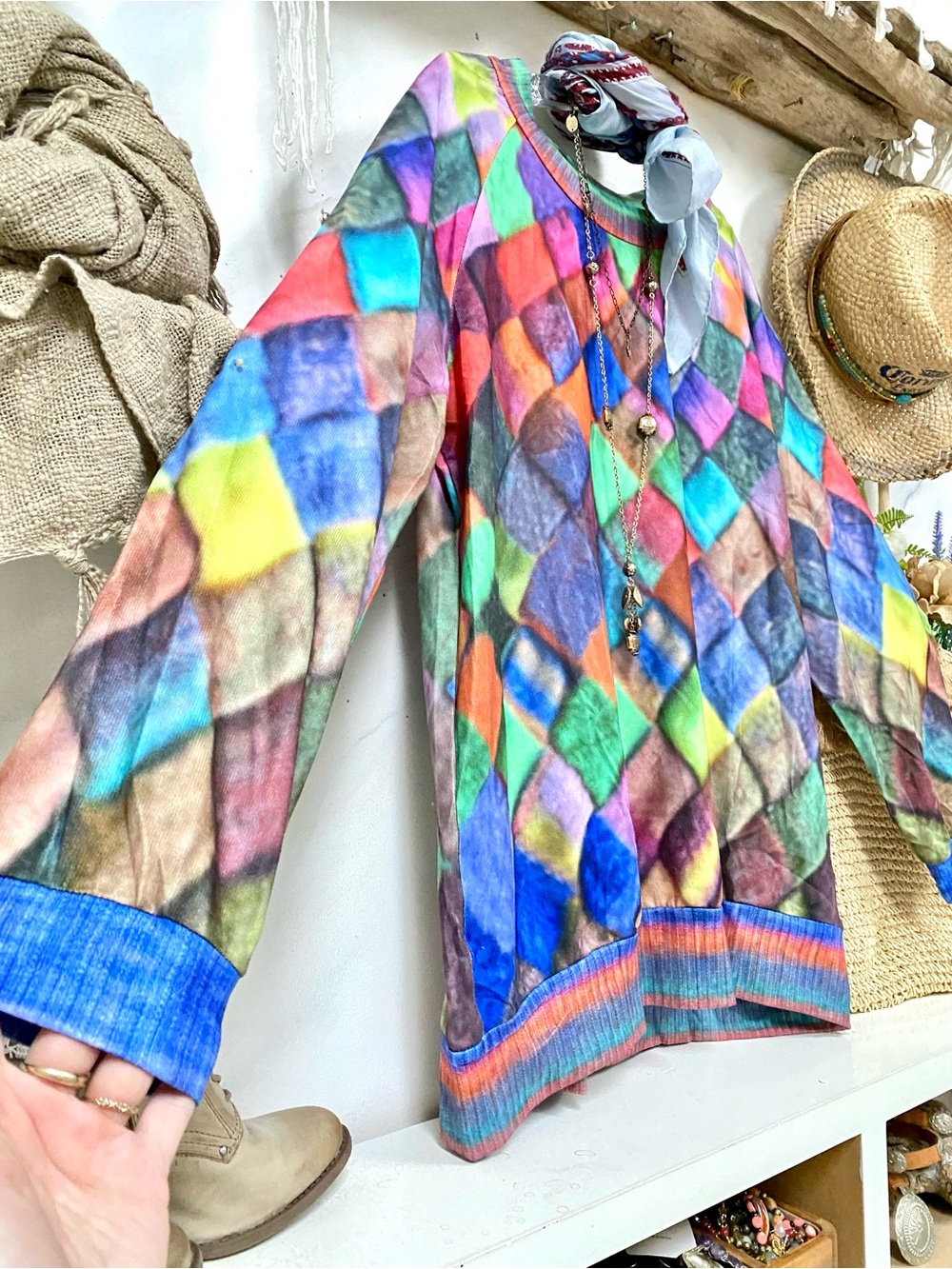 BNWOT Diamond multicoloured print summer boho sweater/dress w cottagecore vibe - Picture 9 of 14